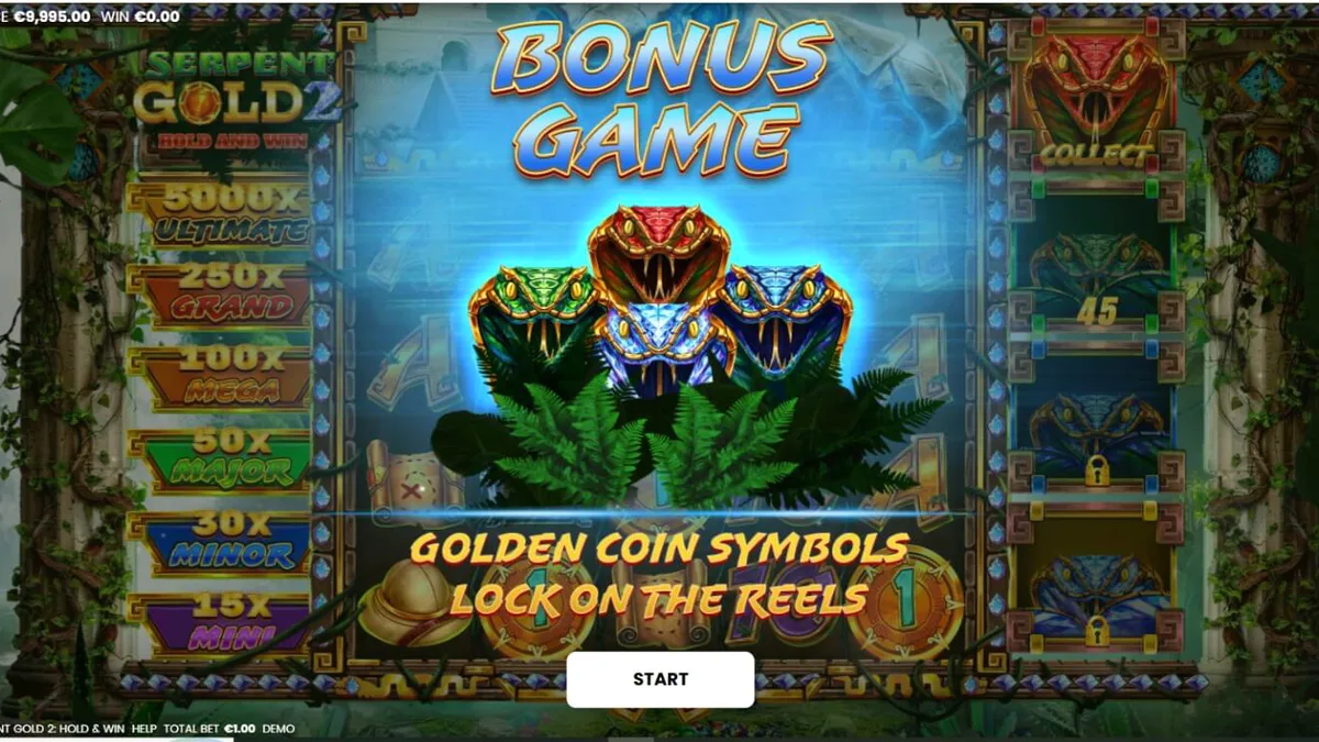 Serpent Gold 2: Hold and Win স্লট গেমের দৃশ্য