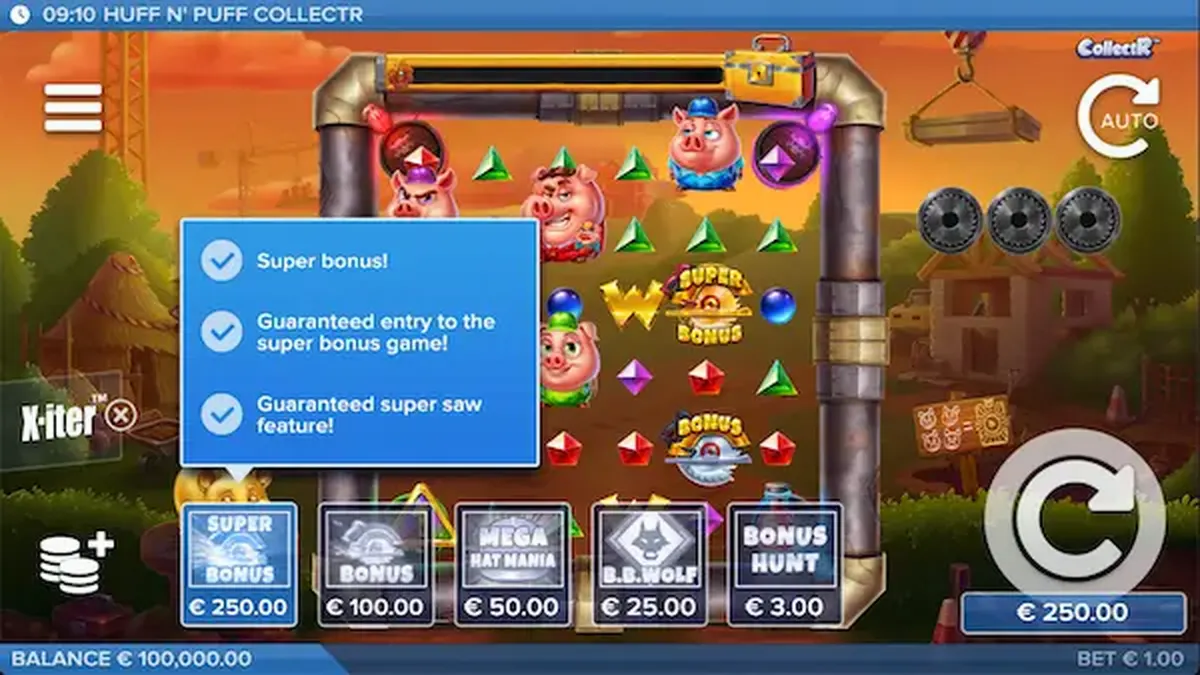 The vibrant and cartoonish game interface of Huff N' Puff CollectR featuring the iconic pigs and wolf.